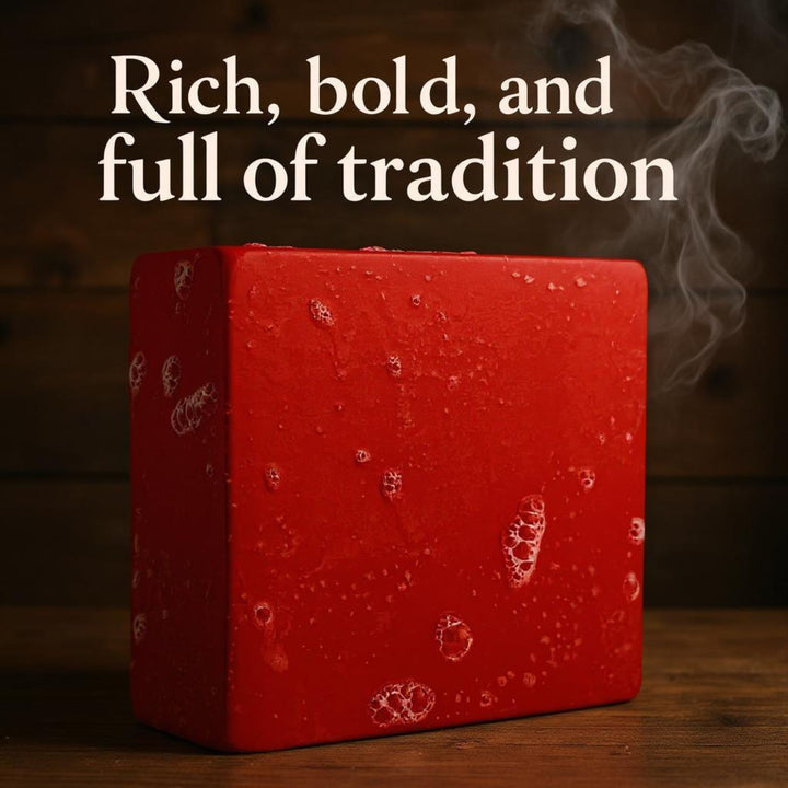 Red soap with bubbles and smoke on a dark background with text 'Rich, bold, and full of tradition'.