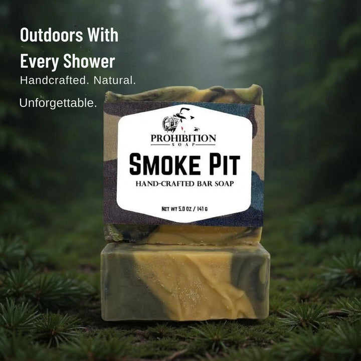 Handcrafted bar soap with 'Prohibition Soap' label against a natural background