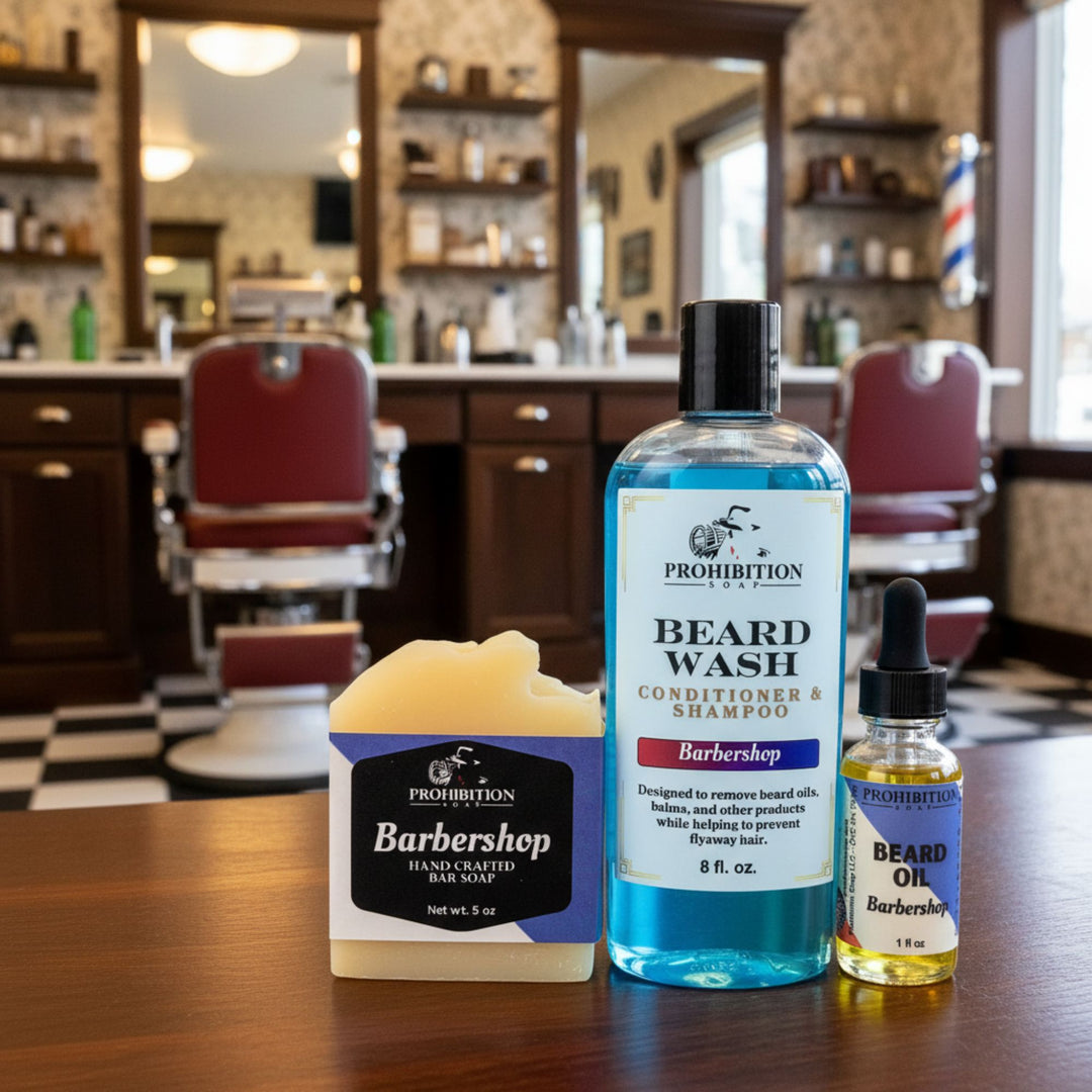 Barber shop products including a bar of soap, beard wash, and beard oil on a counter with a barbershop background.