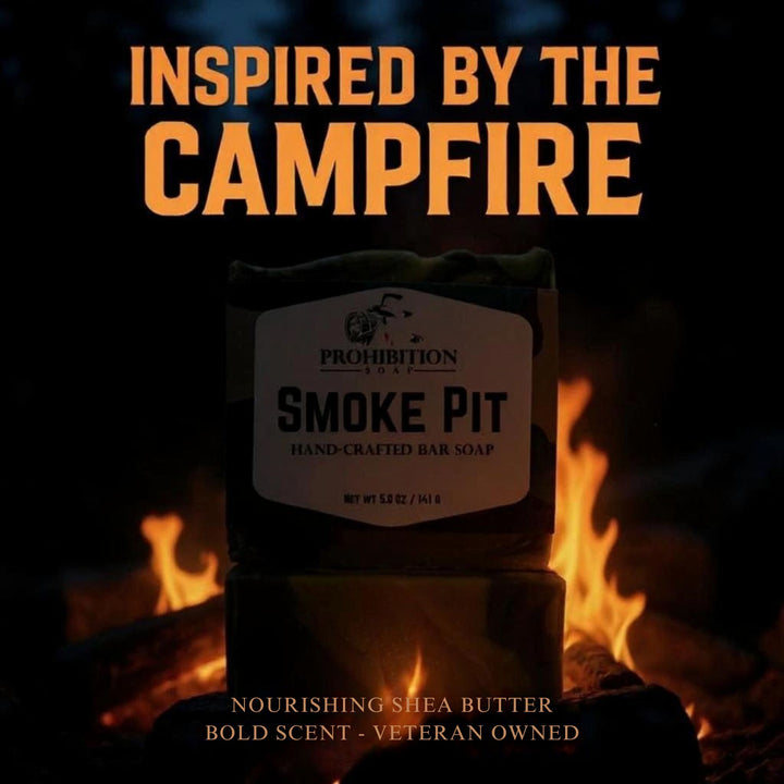 Bar of soap labeled 'Smoke Pit' with text 'Inspired by the Campfire' against a campfire background.