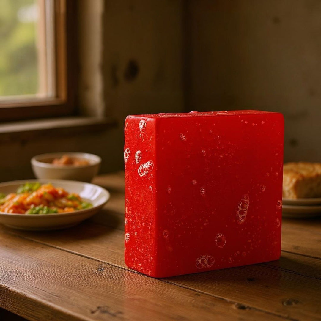 Red soap on a wooden table with food in the background