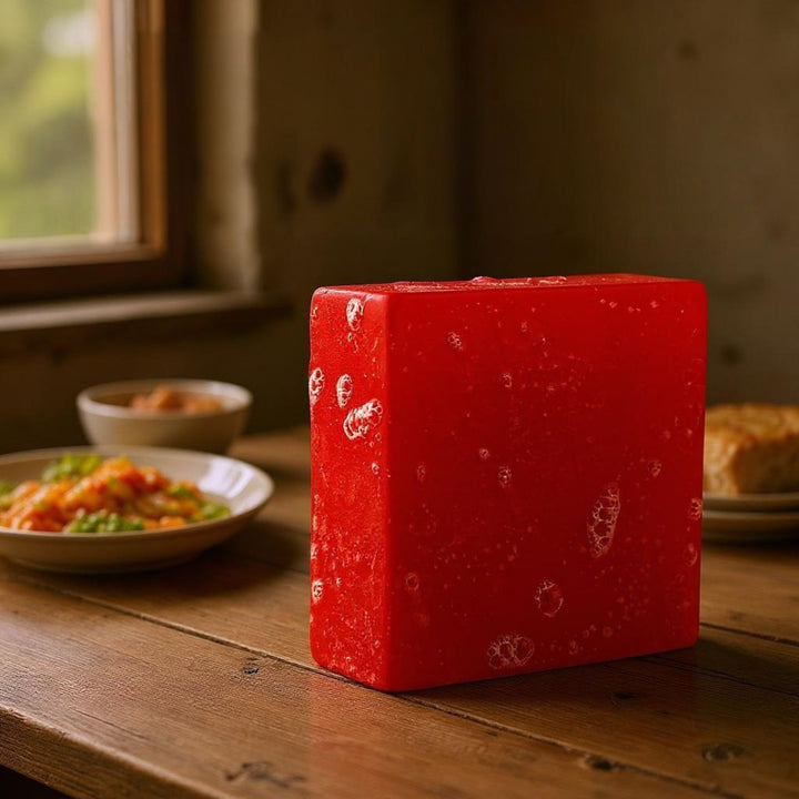 Red soap on a wooden table with food in the background