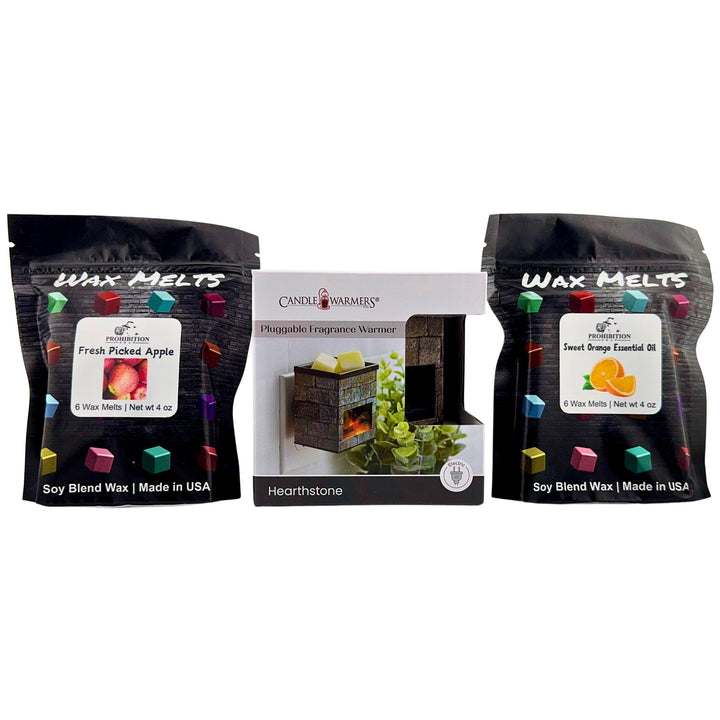 Two packages of wax melts and a fragrance warmer on a white background