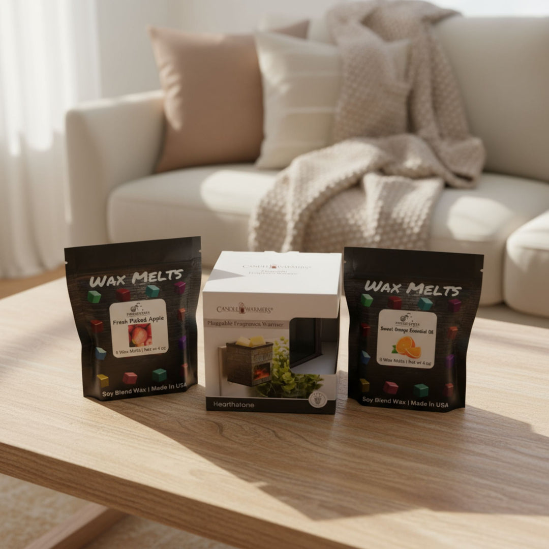 Wax melts packaging and warmer on a coffee table with a cozy living room background