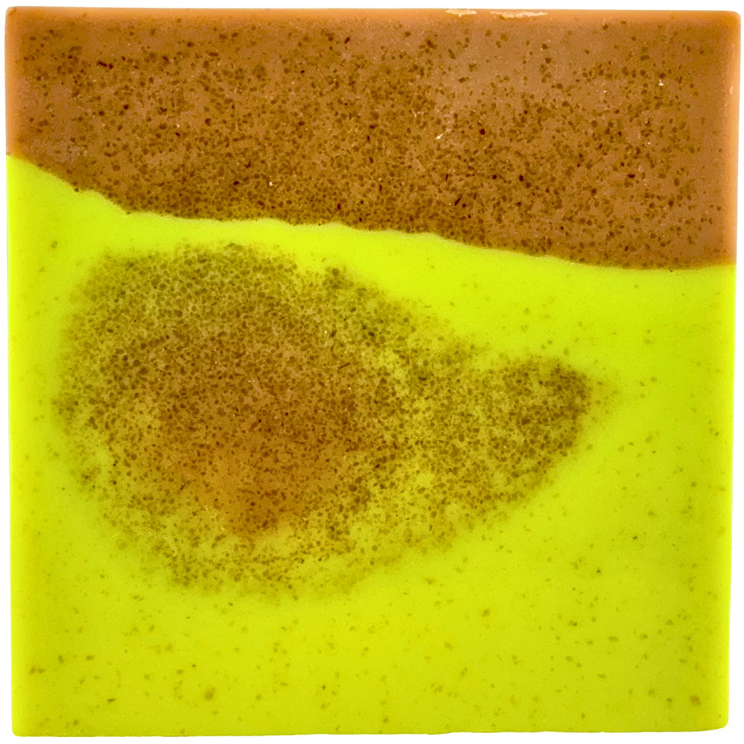 Two-tone soap with brown top and yellow bottom