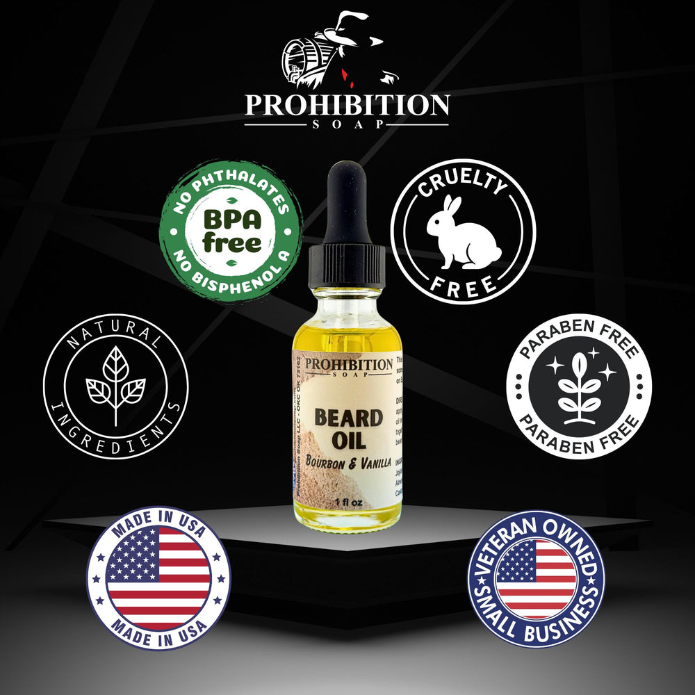 Bourbon & Vanilla Beard Oil bottle with Prohibition Soap logo surrounded by quality badges including BPA Free, Cruelty Free, Natural Ingredients, Paraben Free, Made in USA, and Veteran Owned Original Business