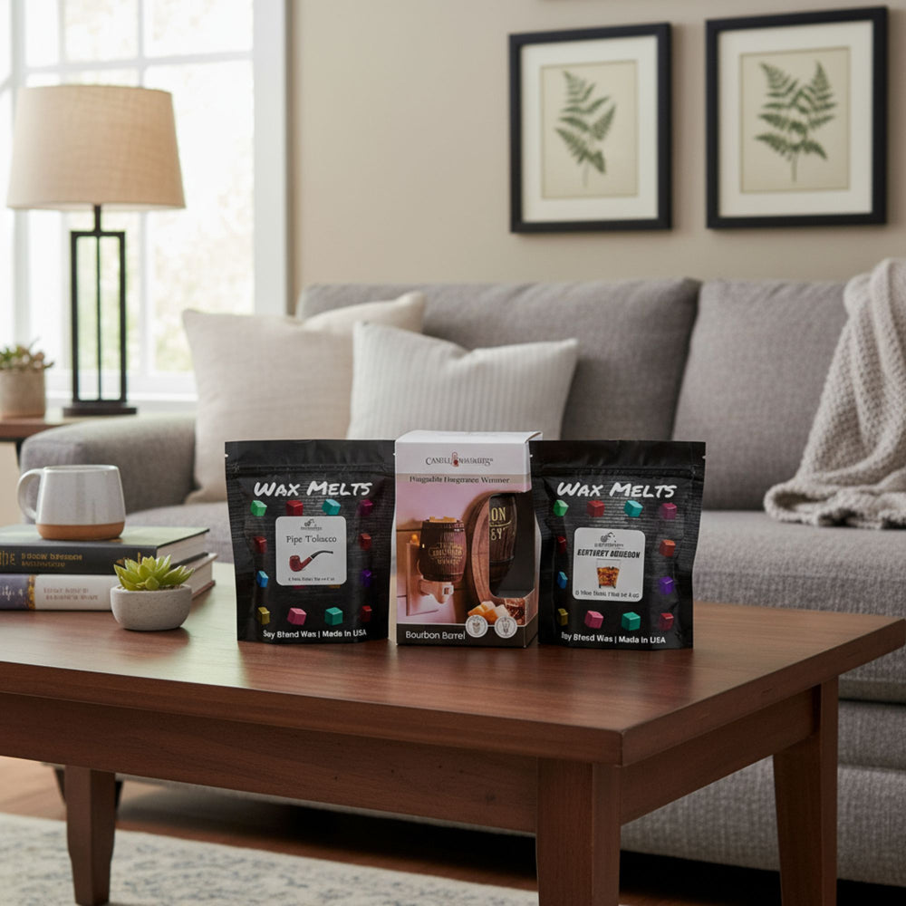 Wax melts packages with warmer on a coffee table in a living room setting