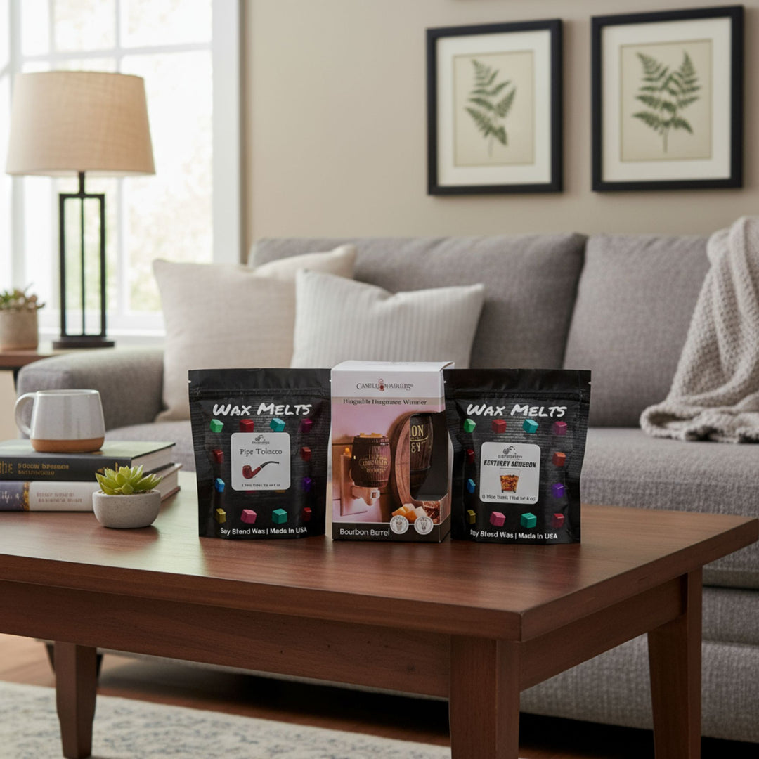 Wax melts packages with warmer on a coffee table in a living room setting