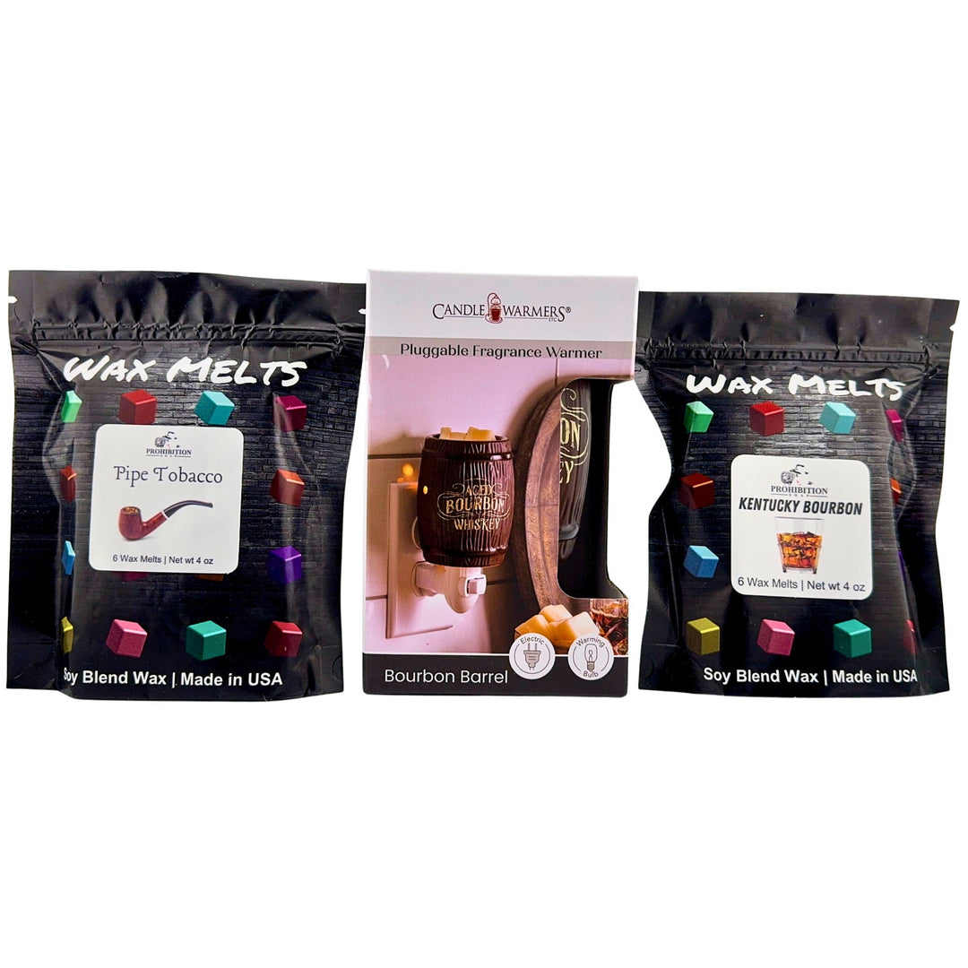 Two packages of wax melts and fragrance warmer on a white background