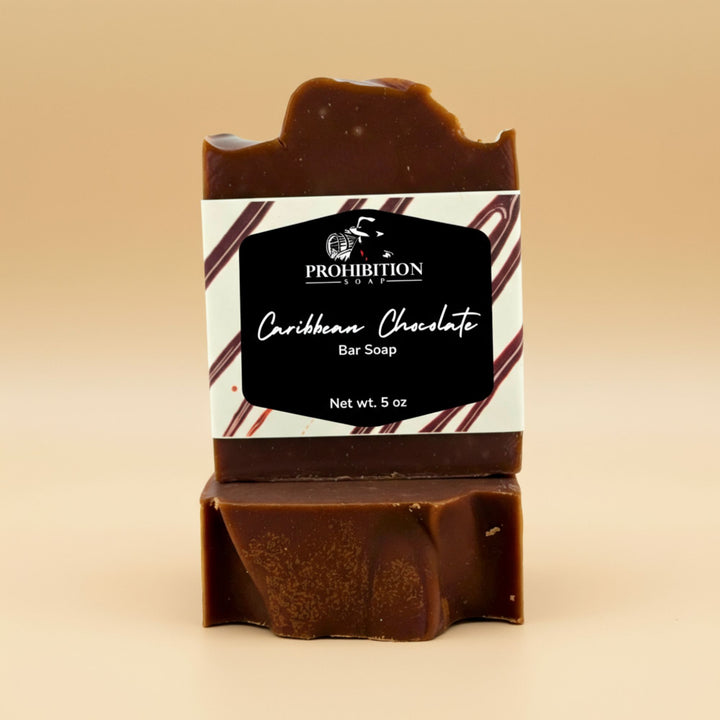 Caribbean Chocolate bar soap with packaging on a beige background