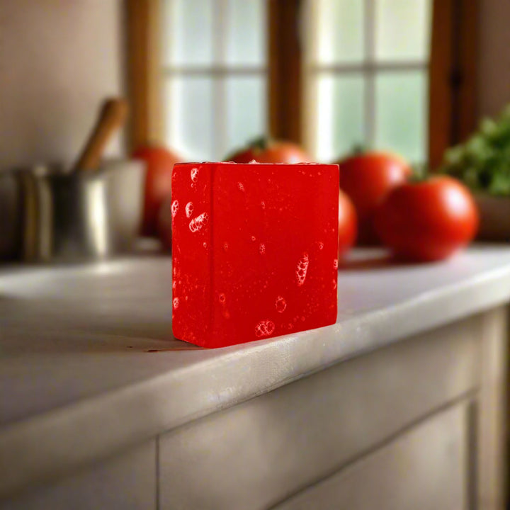 Red soap on a kitchen counter with tomatoes in the background