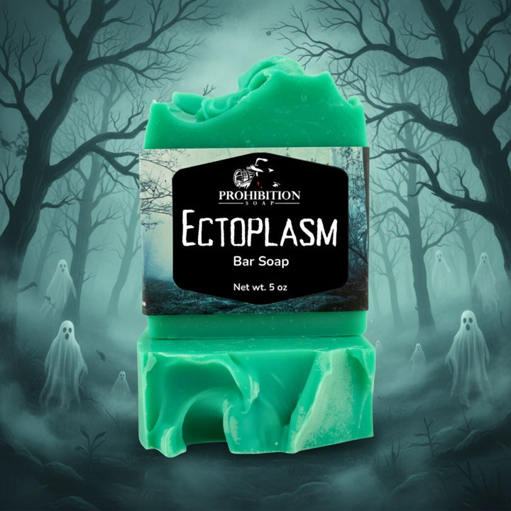 Green bar soap with 'Prohibition Soap' label against a spooky forest background