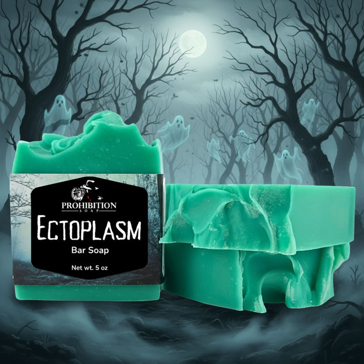 Green bar soap with Prohibition Soap 'Ectoplasm' label against a spooky forest background