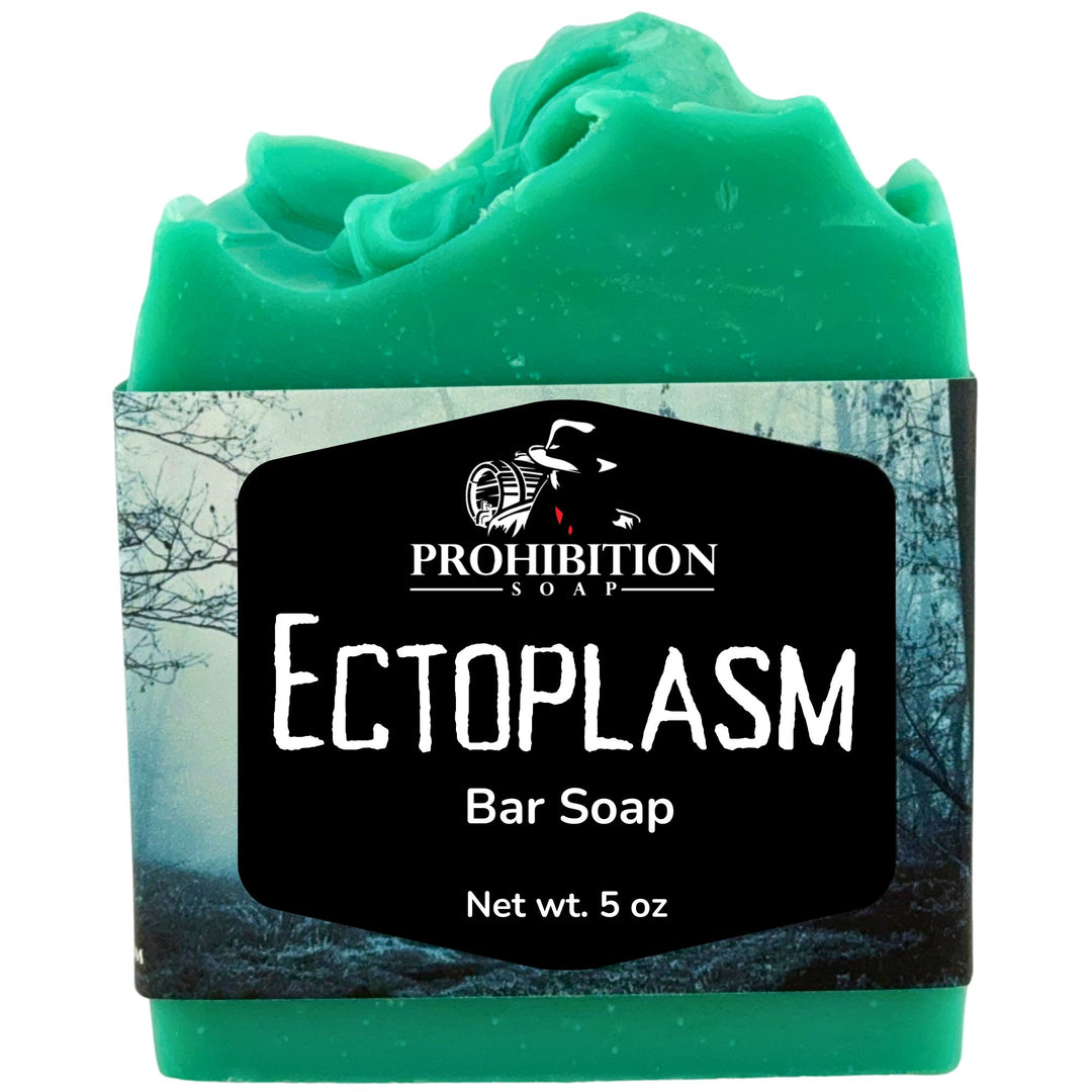 Green bar soap with 'Prohibition Soap' label on a white background