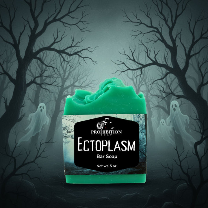 Bar of soap with Prohibition Soap 'Ectoplasm' label against a spooky forest background