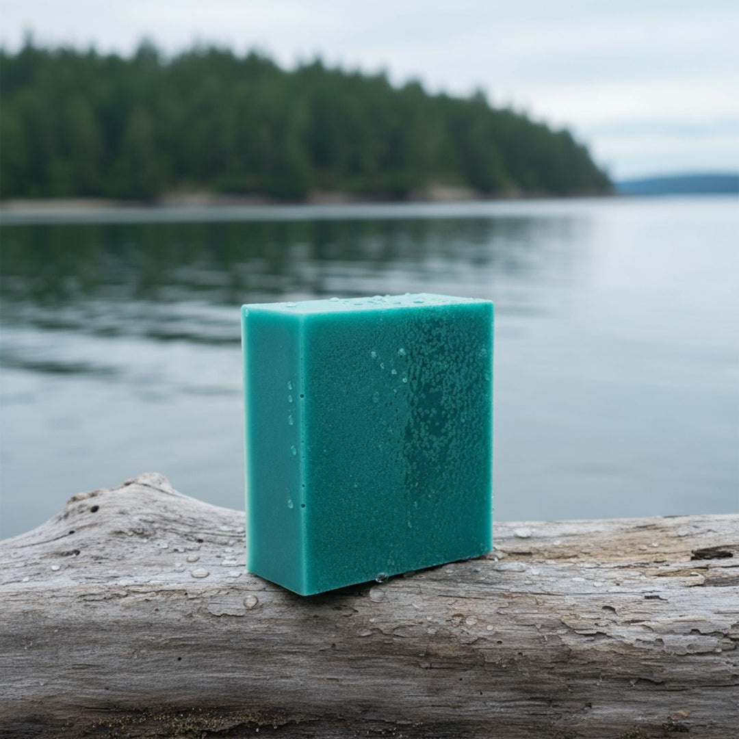 Teal bar of soap on a log with a lake and forest in the background