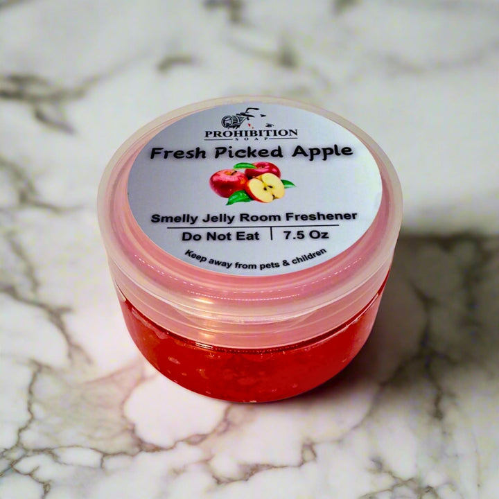 Fresh Picked Apple Smelly Jelly Room Freshner on sink - prohibitionsoap.com