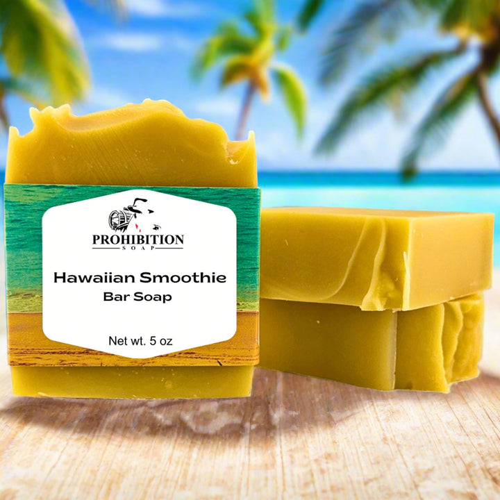 Three bars of Hawaiian Smoothie Bar Soap with a Prohibition Soap label against a tropical background.