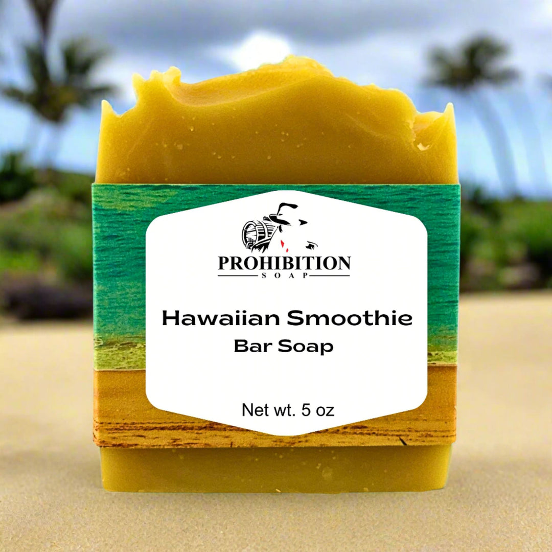 Hawaiian Smoothie bar soap with a Prohibition Soap label on a beach background