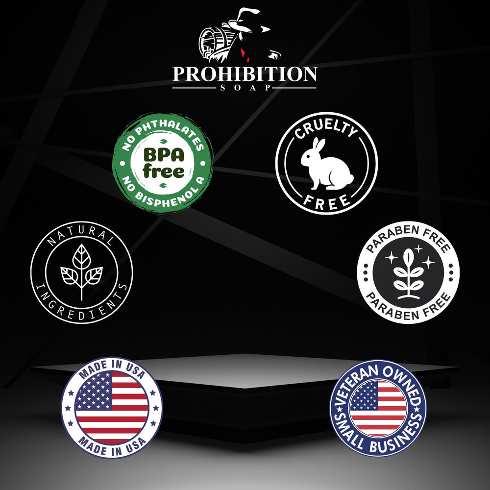 Prohibition Soap quality certification badges on dark background featuring BPA Free, Cruelty Free, Natural Ingredients, Paraben Free, Made in USA, and Veteran Owned Small Business certifications with company logo
