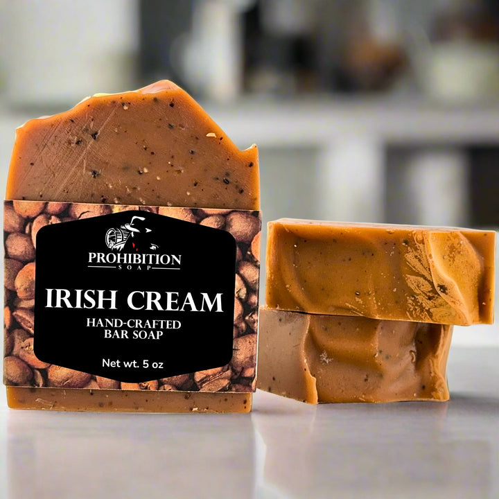 Handcrafted bar soap with 'Irish Cream' fragrance and 'Prohibition Soap' branding on a neutral background.
