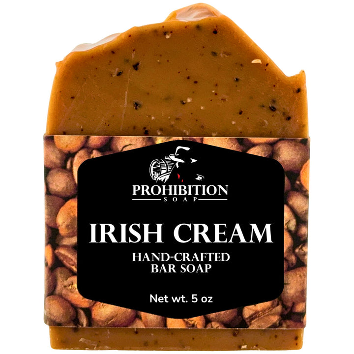 Bar of Irish Cream hand-crafted soap with a black label on a white background