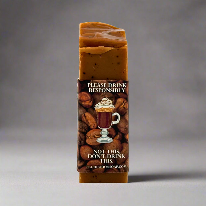 Bar of soap with a responsible drinking message on a gray background