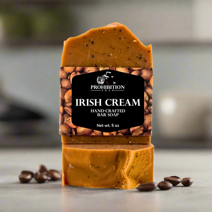Irish Cream hand-crafted bar soap with coffee beans on a blurred background