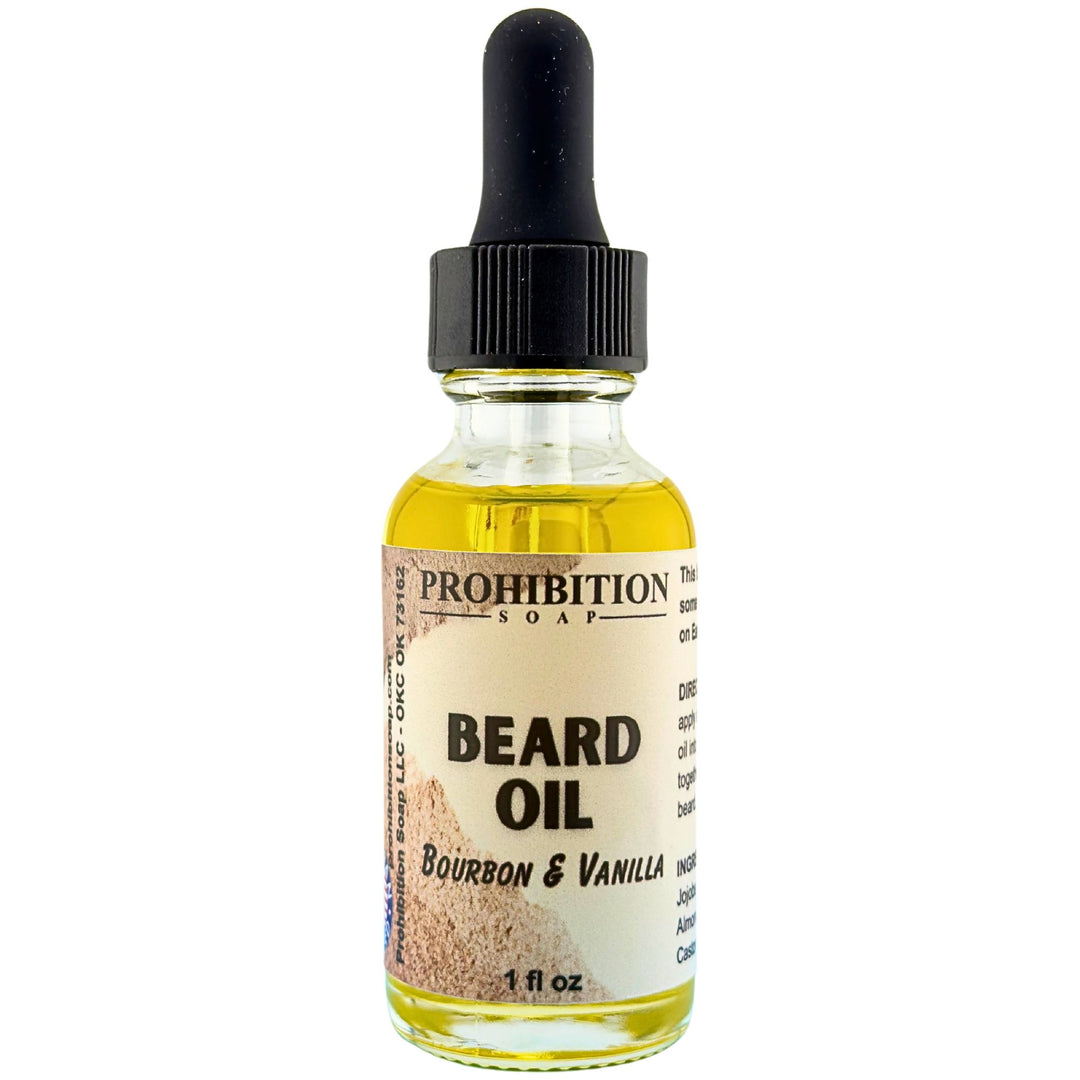 Prohibition Soap Bourbon & Vanilla Beard Oil - 1 fl oz glass dropper bottle with Madagascar vanilla, cedarwood, musk and lemon blend for beard softening and conditioning
