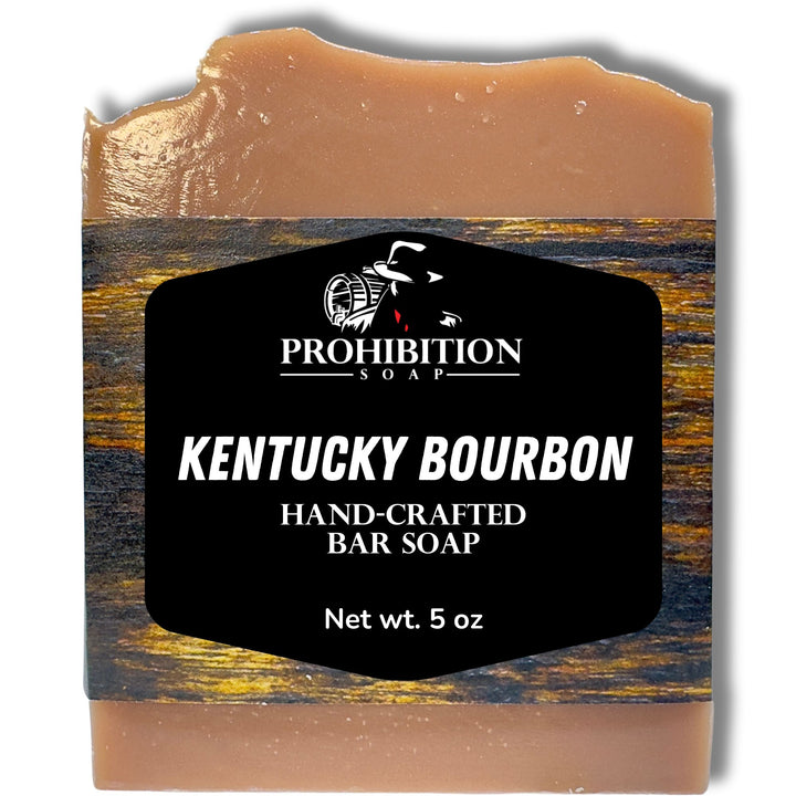 Kentucky Bourbon handcrafted bar soap with prohibition-era label on wooden background