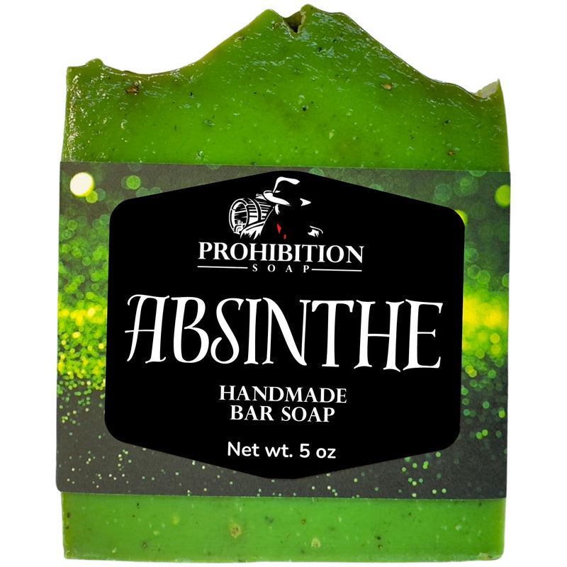 Absinthe Handmade Bar Soap - 5 oz green bar soap with black Prohibition Soap label featuring vintage-style typography
