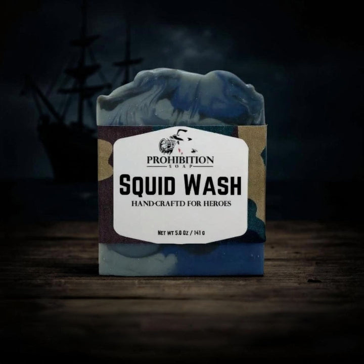 Bar of soap with 'Prohibition Soap' label on a dark background