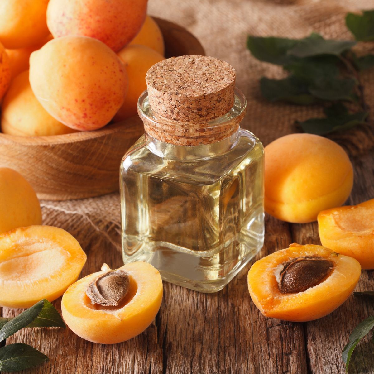 A glass bottle of apricot kernel oil beside whole and halved apricots on a wooden surface
