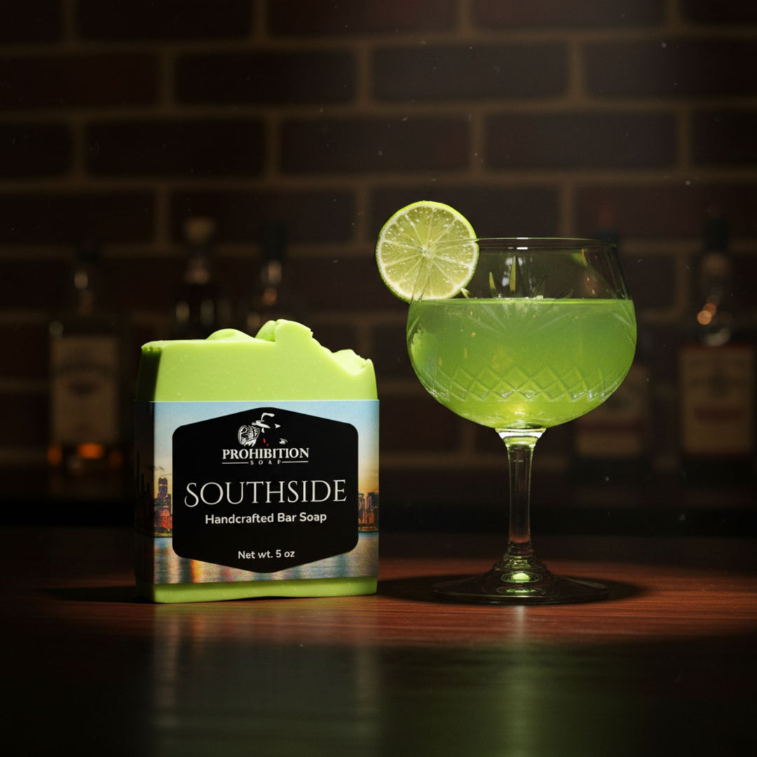 A bar-themed product shot featuring a bright lime-green bar soap bar labeled &