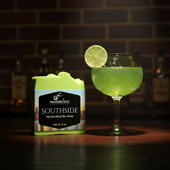 A bar-themed product shot featuring a bright lime-green bar soap bar labeled &