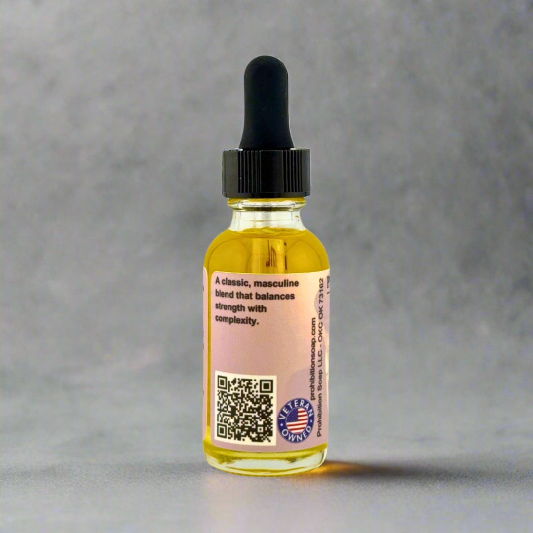 Bottle of beard oil with a dropper on a gray background
