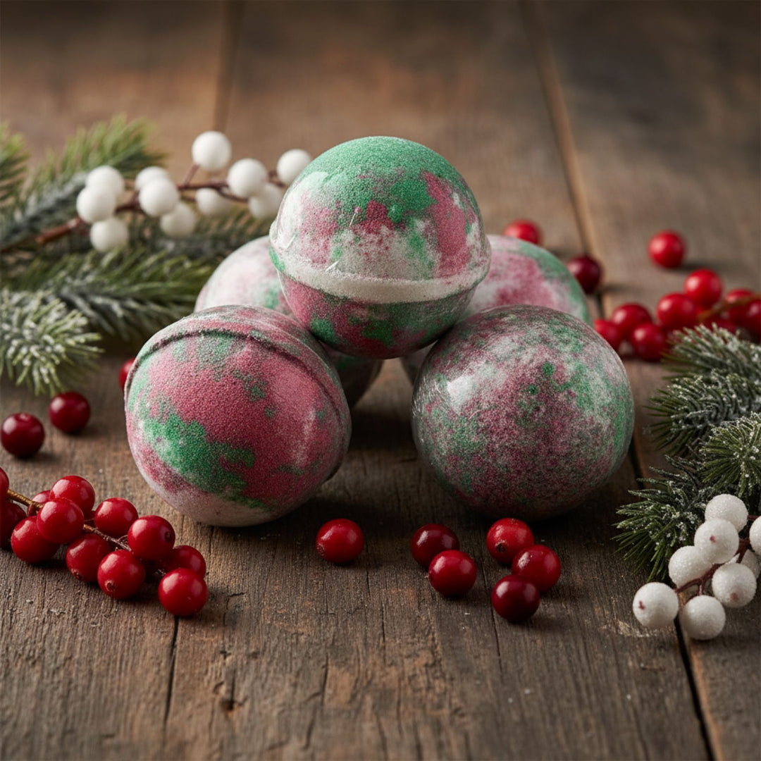 Bath bombs with red and green speckles on a wooden surface with berries and pine branches.