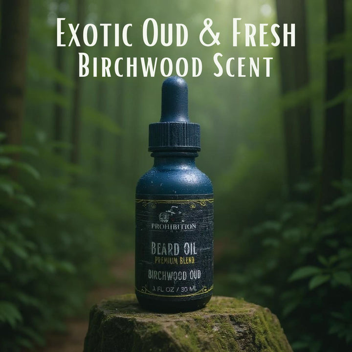 Bottle of Prohibition Soap Beard Oil with a forest background, labeled 'Exotic Oud & Fresh Birchwood Scent'.