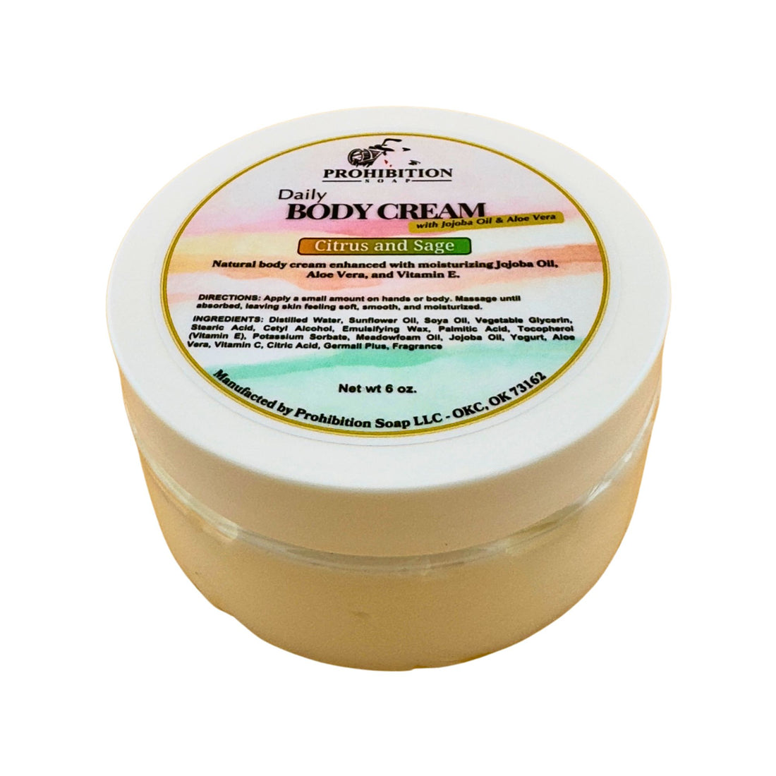 Prohibition Soap Daily Body Cream jar with Citrus and Sage scent on white background, showing complete product label with ingredients list including jojoba oil, aloe vera, and vitamin E in natural yogurt base formula