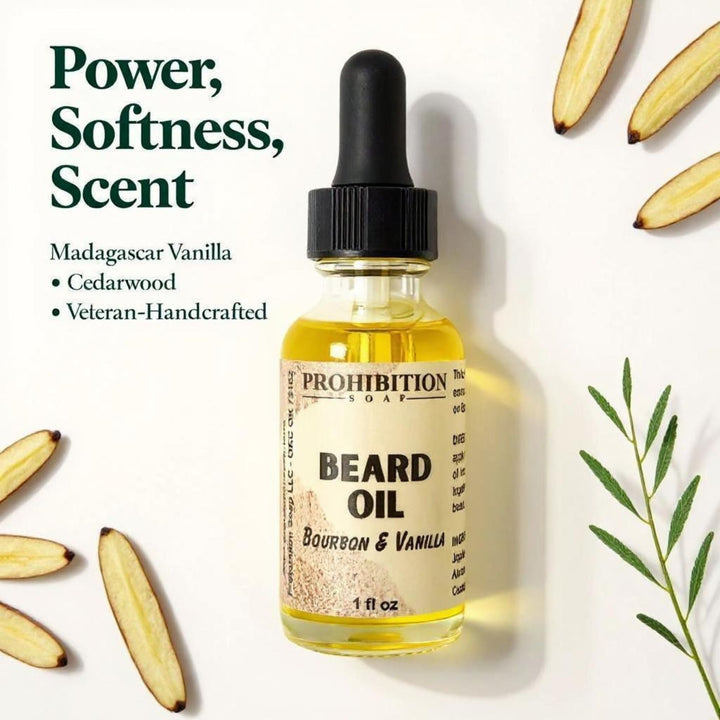 Prohibition Soap Bourbon & Vanilla Beard Oil 'Power, Softness, Scent' marketing image with product bottle surrounded by vanilla bean slices and green botanical elements on white background, highlighting Madagascar Vanilla, Cedarwood, and Veteran-Handcrafted features