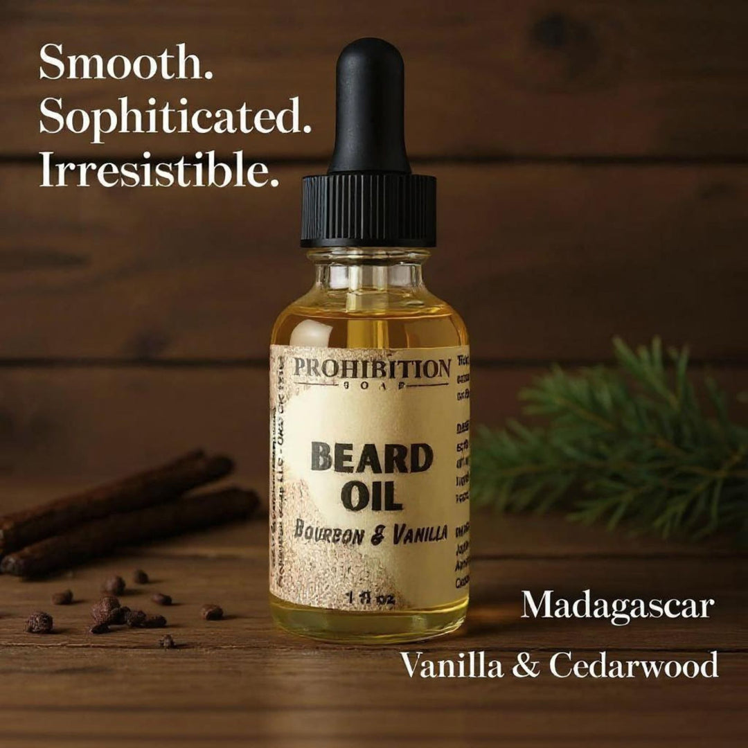 Prohibition Soap Bourbon & Vanilla Beard Oil 'Smooth. Sophisticated. Irresistible.' marketing image with product bottle on rustic wooden surface with vanilla beans, coffee beans, and green botanicals, highlighting Madagascar Vanilla & Cedarwood ingredients