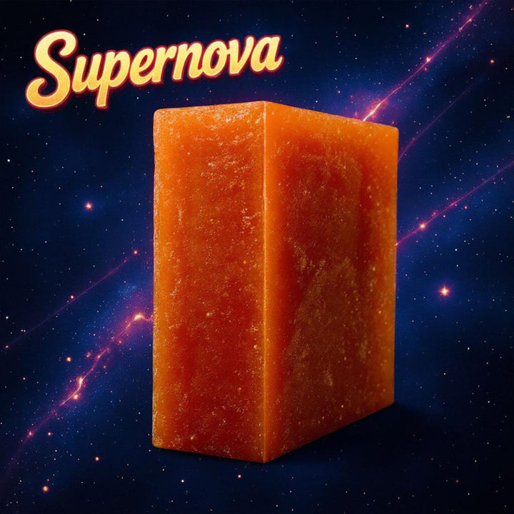 Bar of soap with 'Supernova' text against a space-themed background