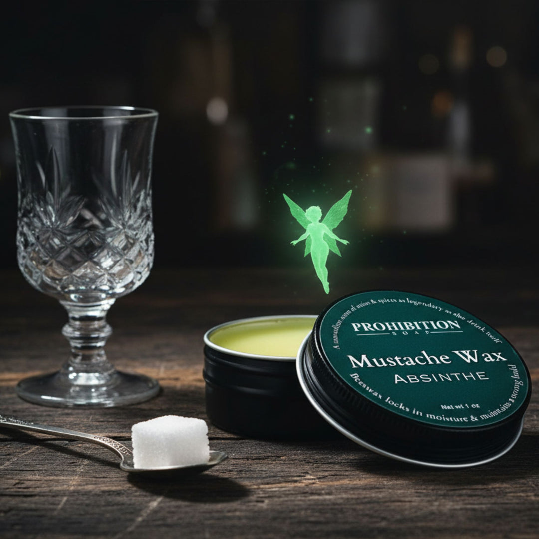 Mustache wax container labeled 'Prohibition Products Absinthe' with a glass and spoon on a wooden surface.