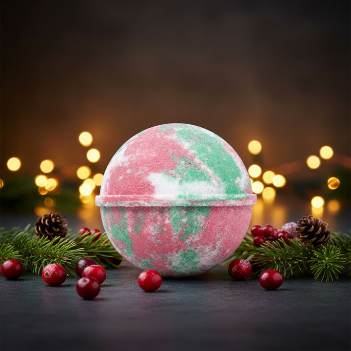 Pink and green bath bomb with festive decorations on a dark background with blurred lights