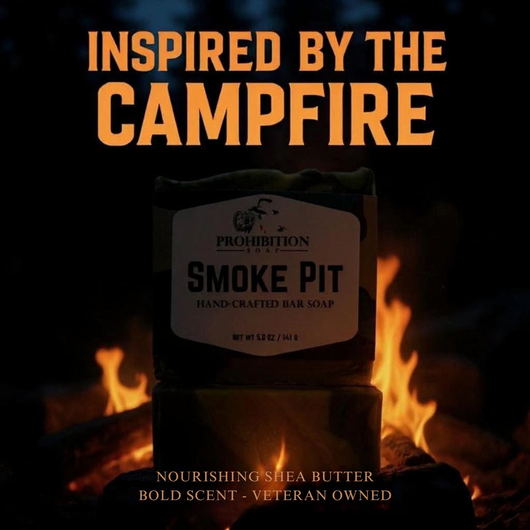 Bar of soap labeled 'Smoke Pit' with text 'Inspired by the Campfire' against a campfire background.