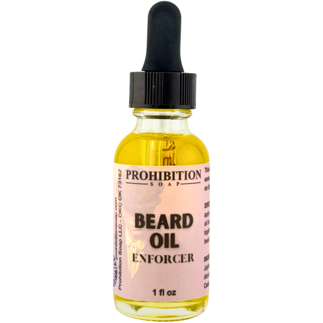 Bottle of Prohibition Soap Beard Oil Enforcer on a white background