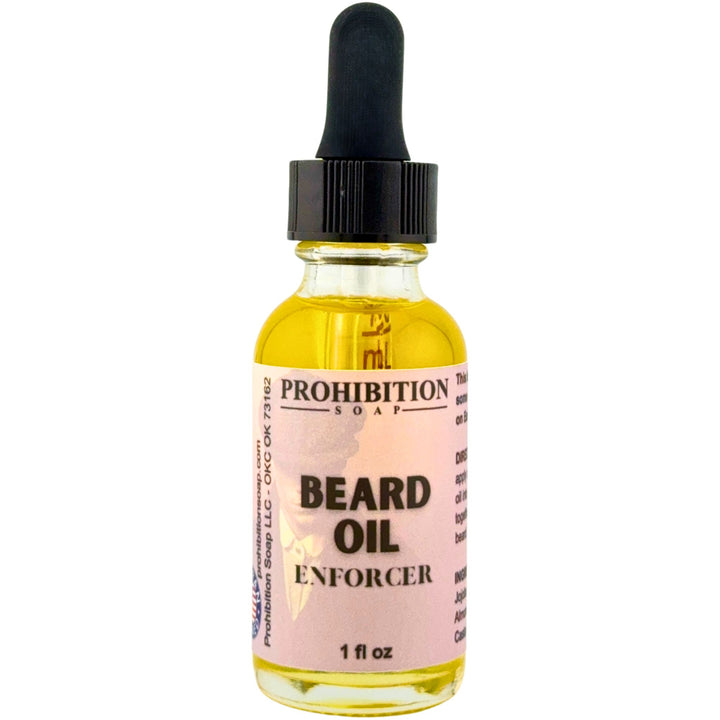 Bottle of Prohibition Soap Beard Oil Enforcer on a white background