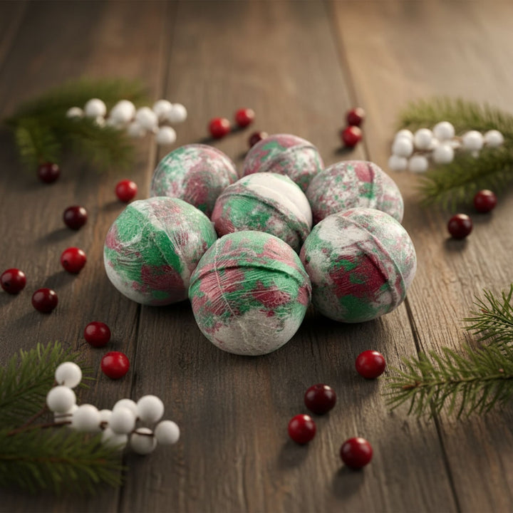 Bath bombs with green and red patterns on a wooden surface with berries and branches.