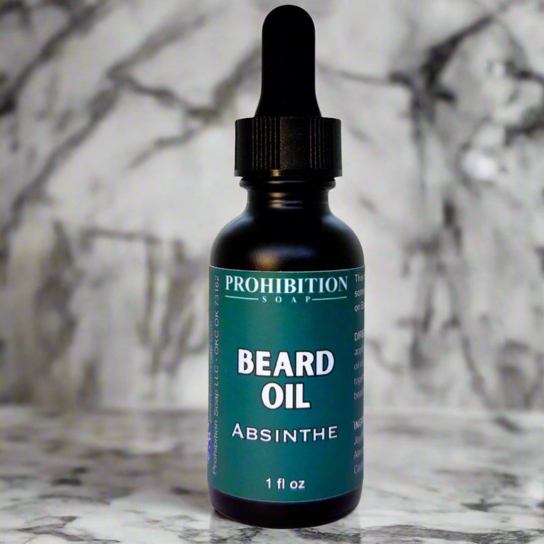 Absinthe beard oil on a kitchen sink