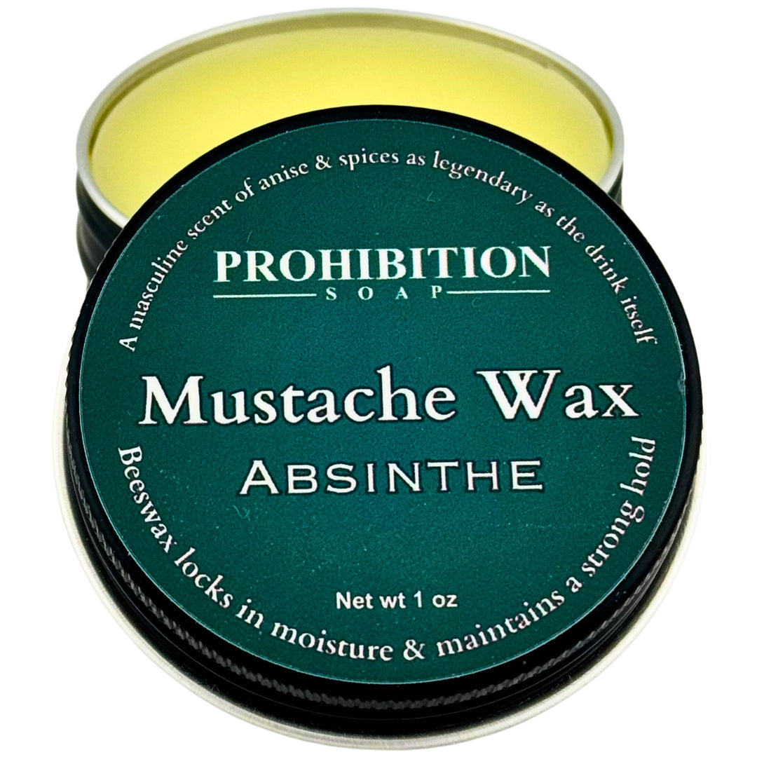 Mustache wax container labeled 'Prohibition Soap' with 'Absinthe' scent on a white background.